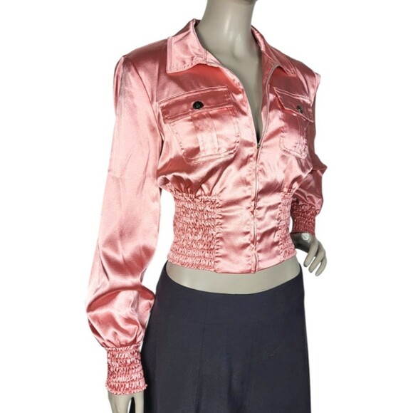 Vintage 90s Y2K XOXO Pink Velveteen Satin Cropped Smocked Blouse Jacket Med NEW - Picture 2 of 10